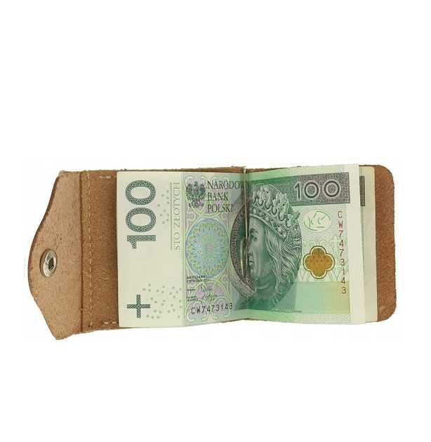 Mały portfelik na monety banknoty portmonetka karmel skóra naturalna