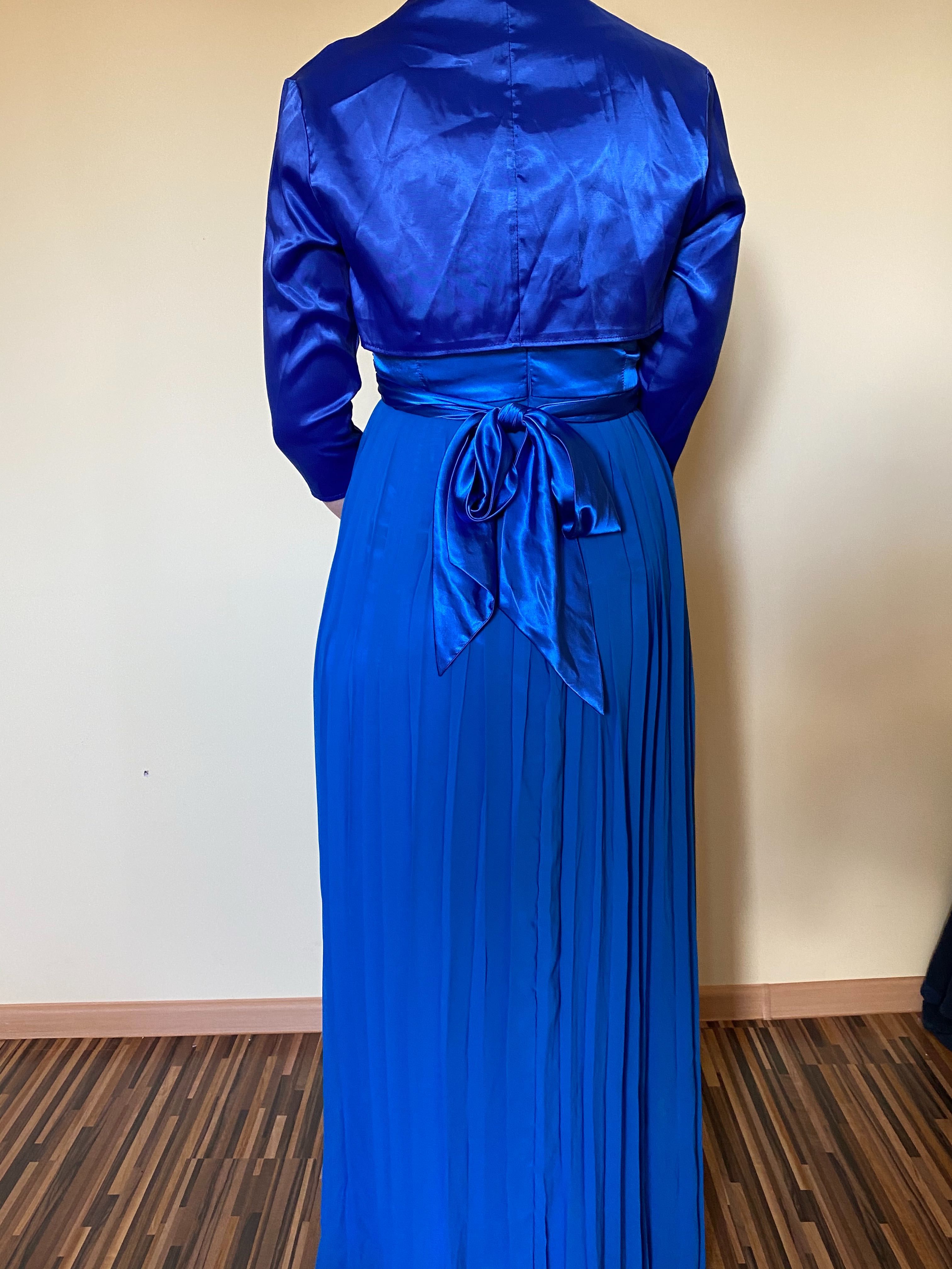 Suknia kobaltowa plisowana rozm 42 koronka, duży biust, talia, ciąża