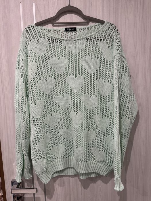 Sweter kardigan ażurowy serca miętowy uni oversize
