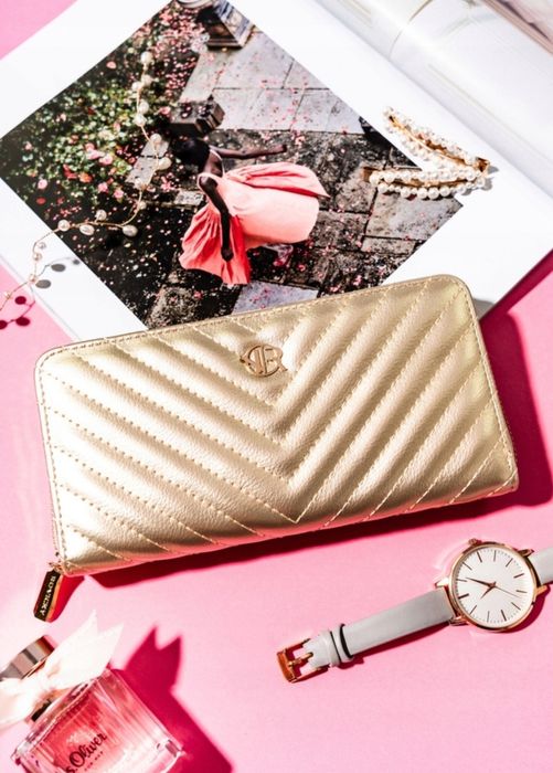 Duży Złoty Damski Portfel Skórzany Piórnik na Suwak prezent pojemny