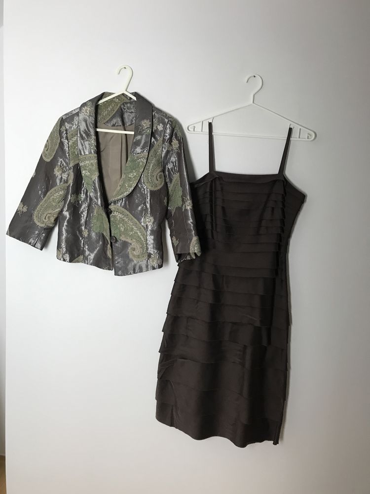 Komplet brązowa elegancka sukienka midi + żakiet kwiaty vintage
