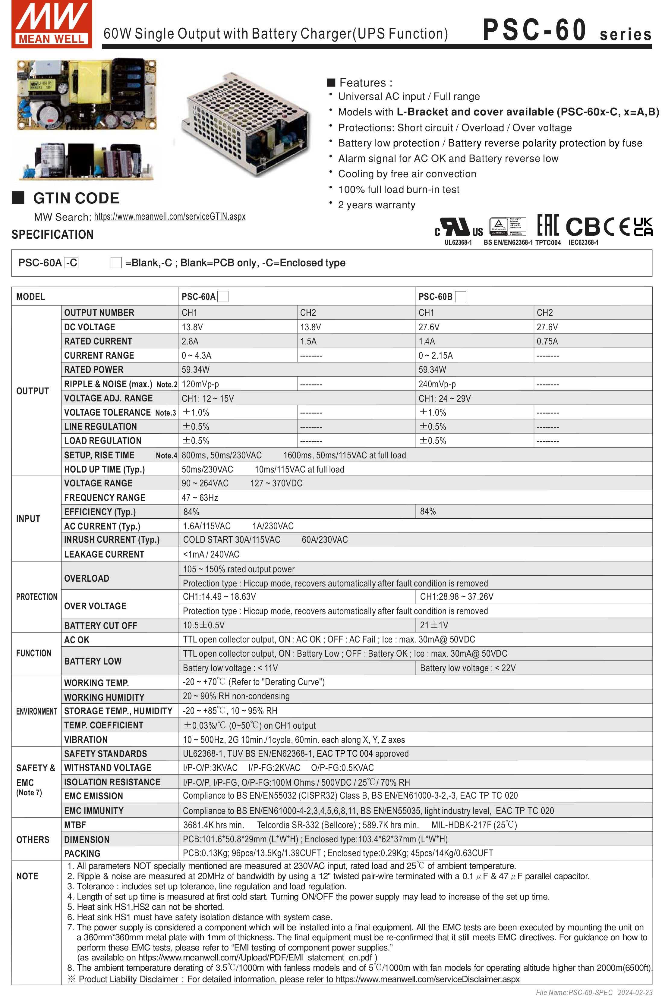 Блок живлення з функцією безперебійного живлення Mean Well PSC-60A