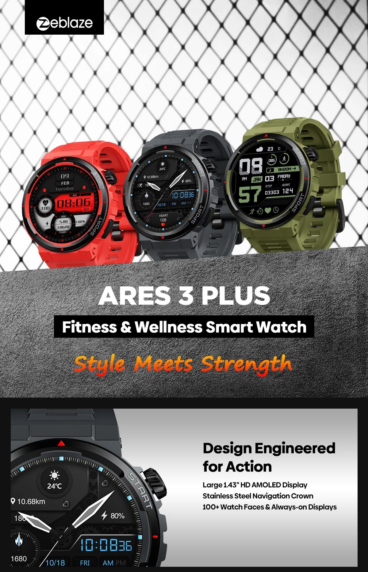 Zeblaze Ares 3 Plus смарт годинник AMOLED звонки