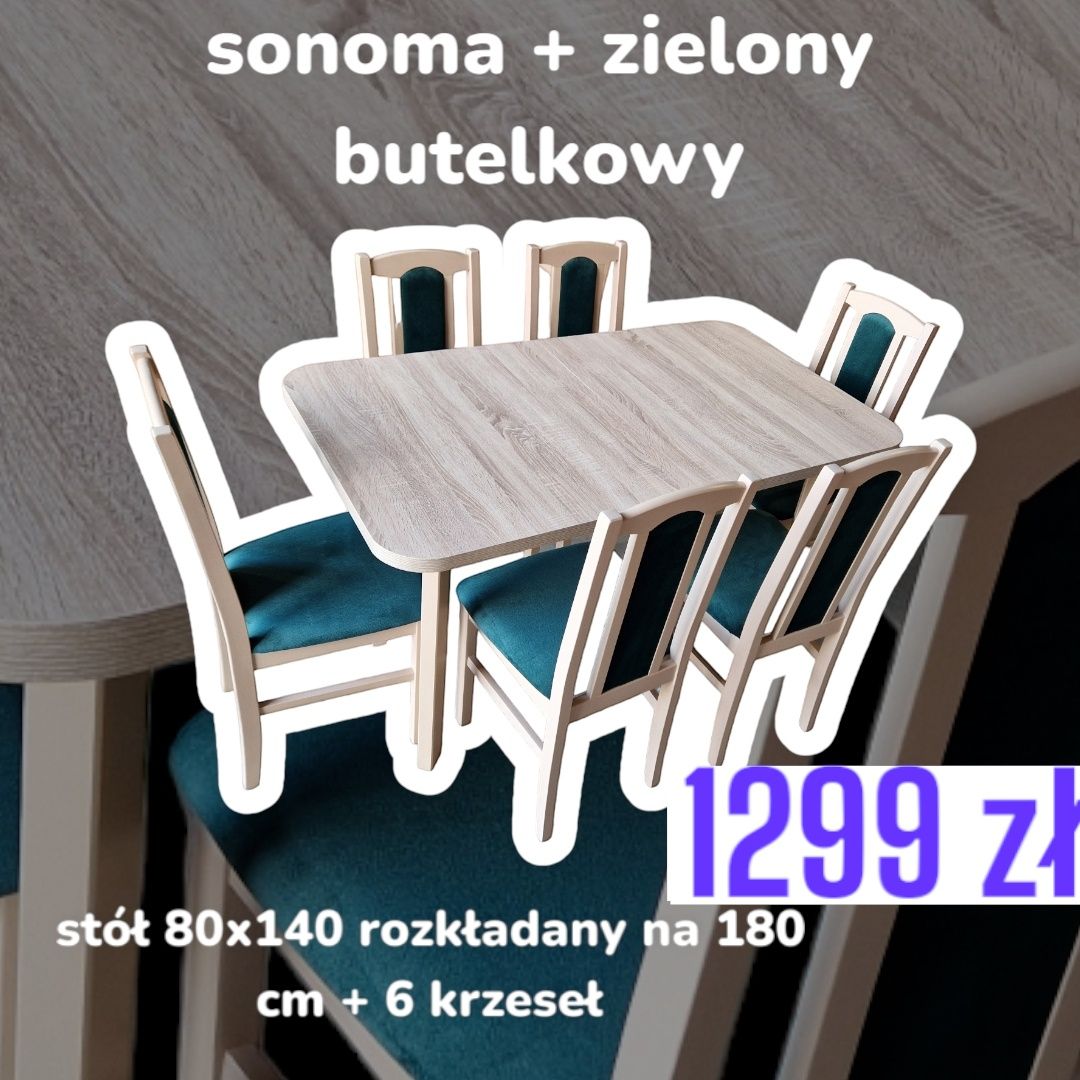 Nowe : Stół + 6 krzeseł , sonoma + zielona butelka , dostawa PL