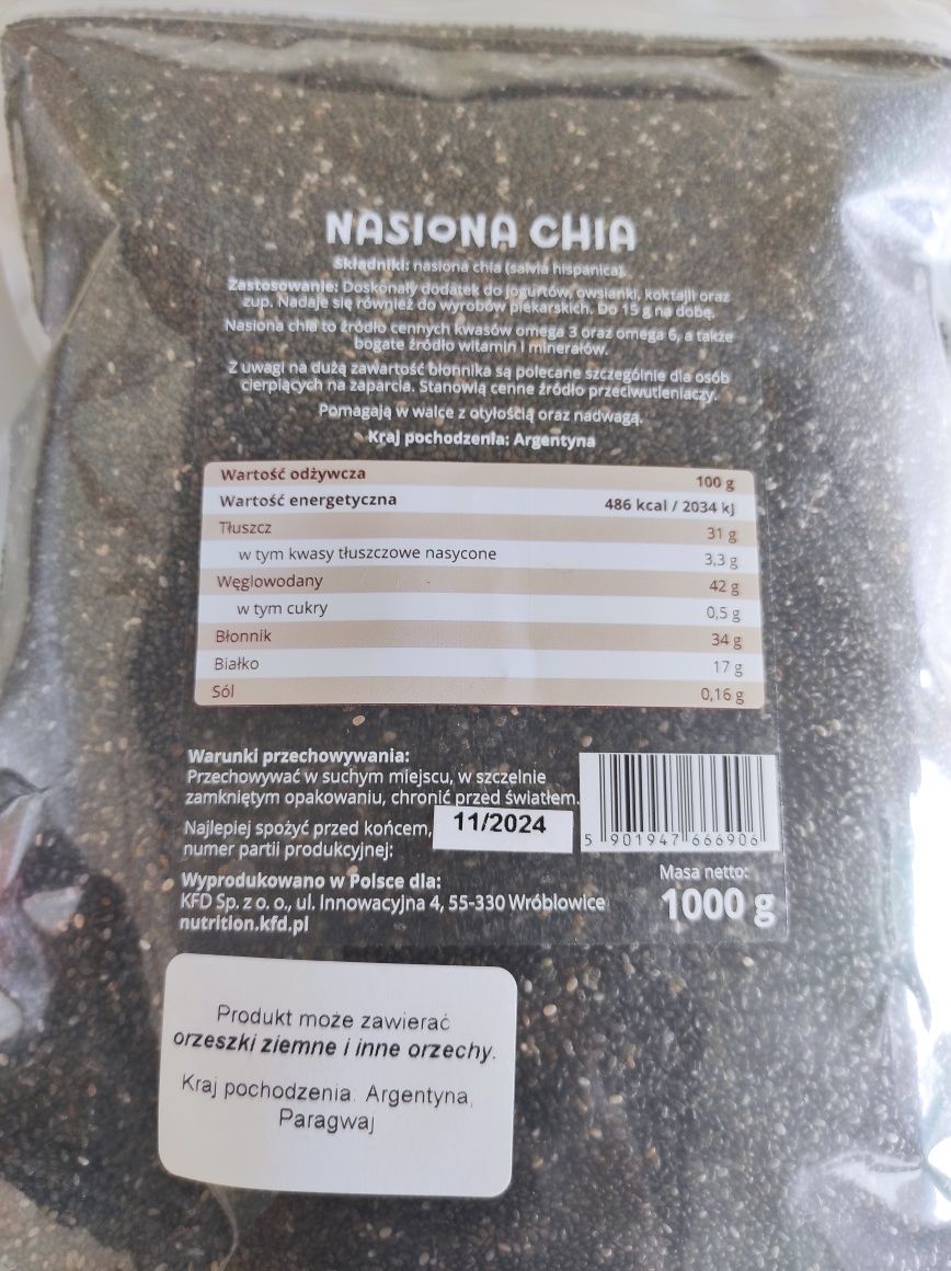 Nasiona CHIA 1 kg 1000 g nowe opakowanie błonnik