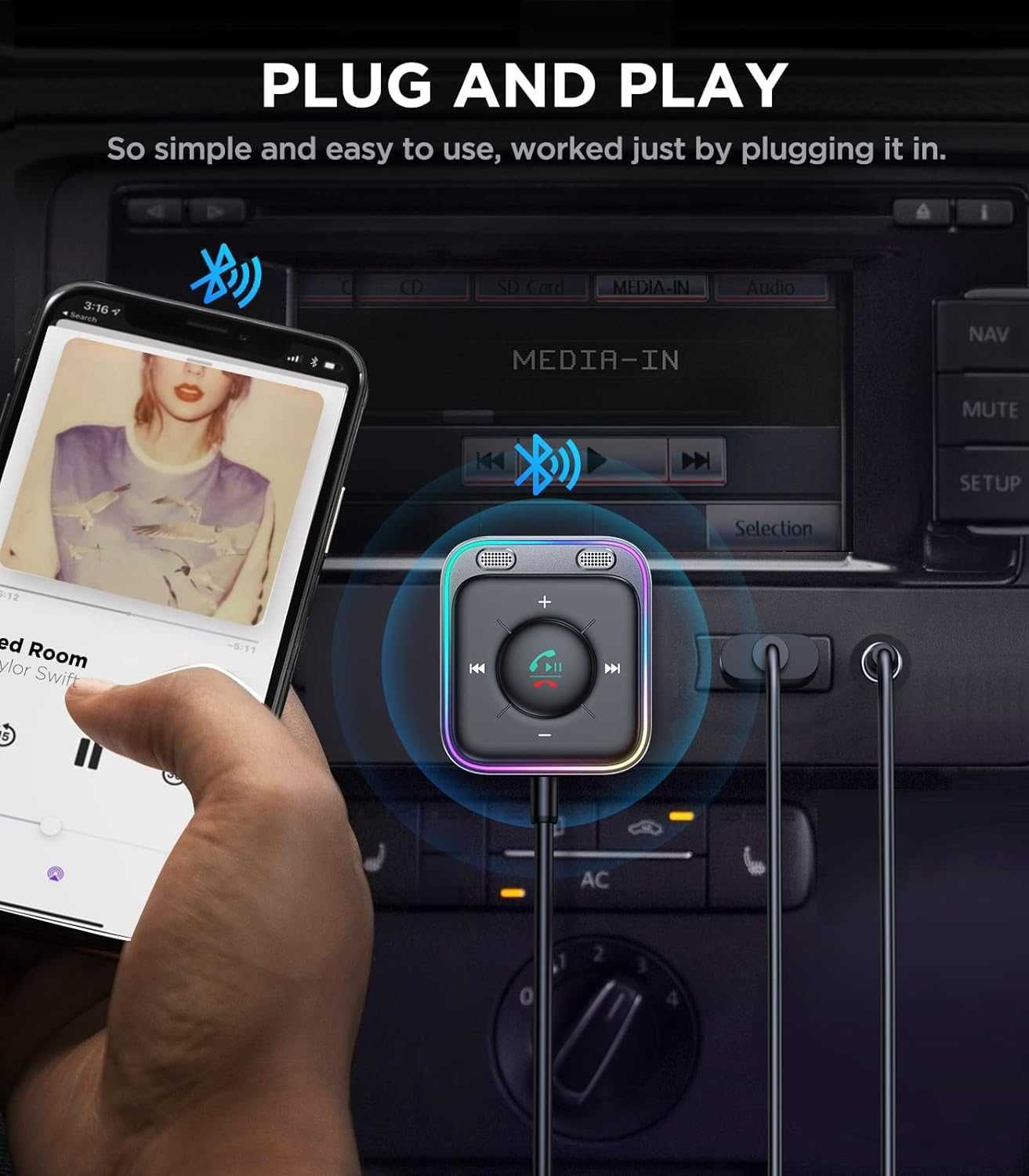 Adapter samochodowy Aux Bluetooth z zestawem głośnomówiącym.