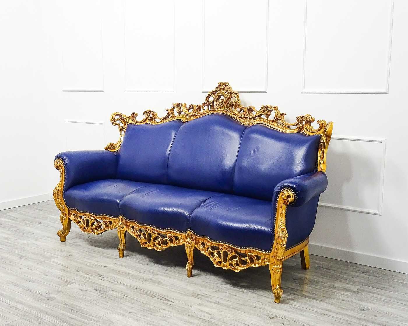 Włoski KOMPLET mebliI do SALONU Ludwik BUK skóra KANAPA + SOFA + FOTEL