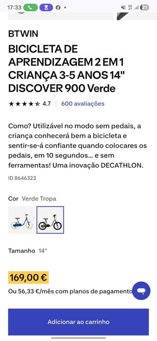 BICICLETA DE APRENDIZAGEM 2 EM 1 CRIANÇA 3-5 ANOS 14"