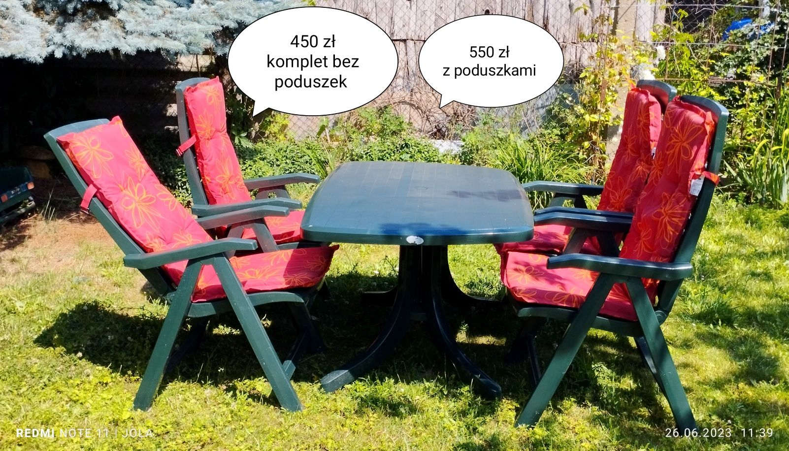 Komplet mebli ogrodowych. Stół krzesło z regulowanym oparciem poduszka