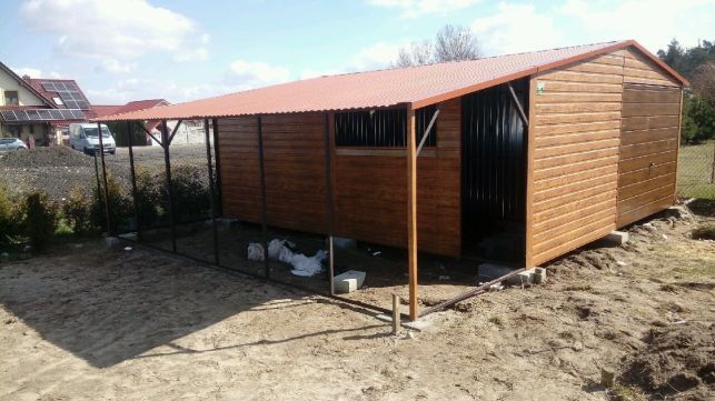 Garaż blaszany drewnopodobny 5x6 + 2m wiaty Złoty Dąb