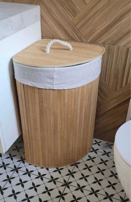 Kosz na Pranie Narożny Bambusowy 60L z Pokrywą Kufer