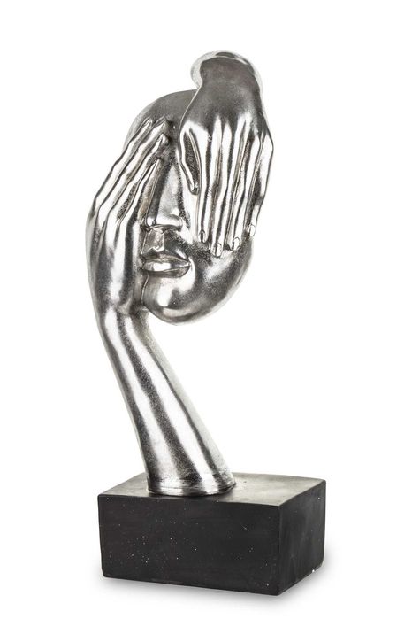 Srebrna figurka maska twarz zasłonięta dłońmi ozdoba na prezent 139219