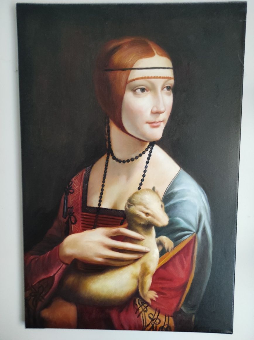 Dama z łasiczką gronostajem obraz malowany n płótnie Leonardo Da Vinci