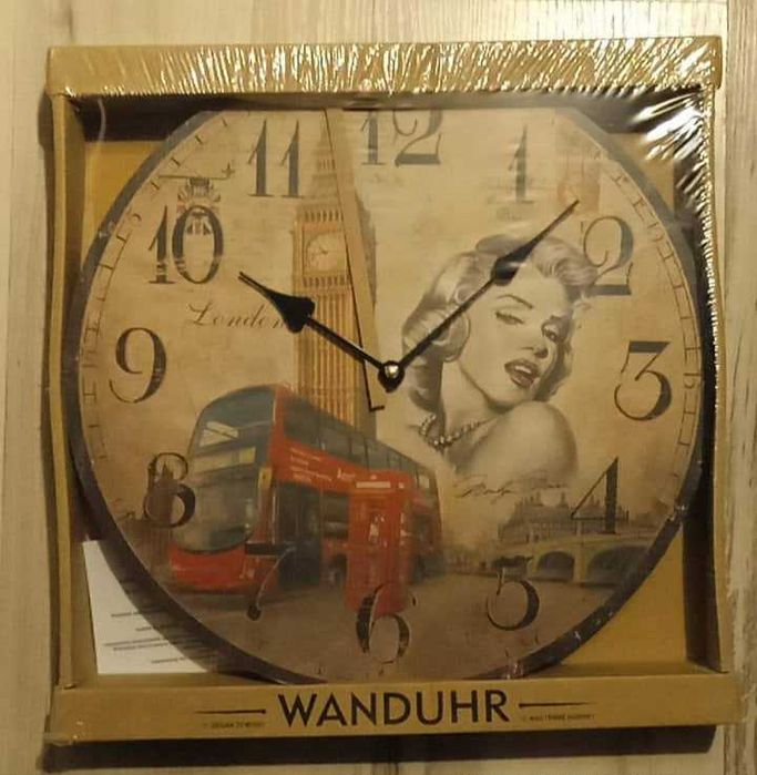 Zegar ścienny w stylu vintage z motywem Marylin Monroe i Big Bena Nowy