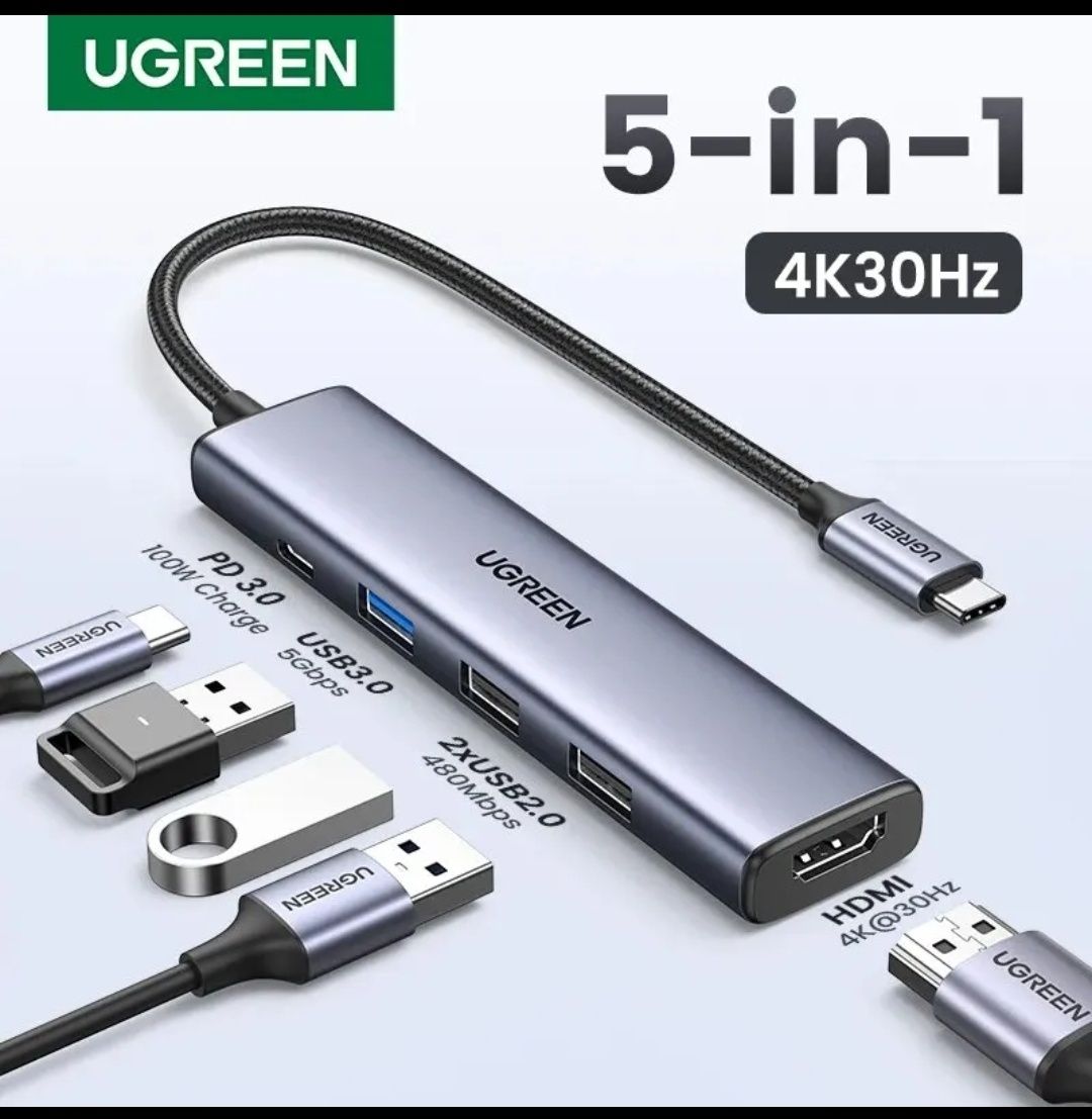 USB хаб для ноутбука Ugreen Ultra Slim 5-в-1 4K USB-C 100W PD