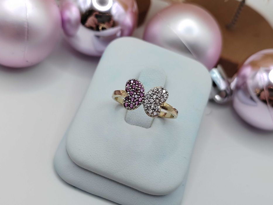 NOWY Złoty Pierścionek Motyl Różowy r14 / Złoto 585