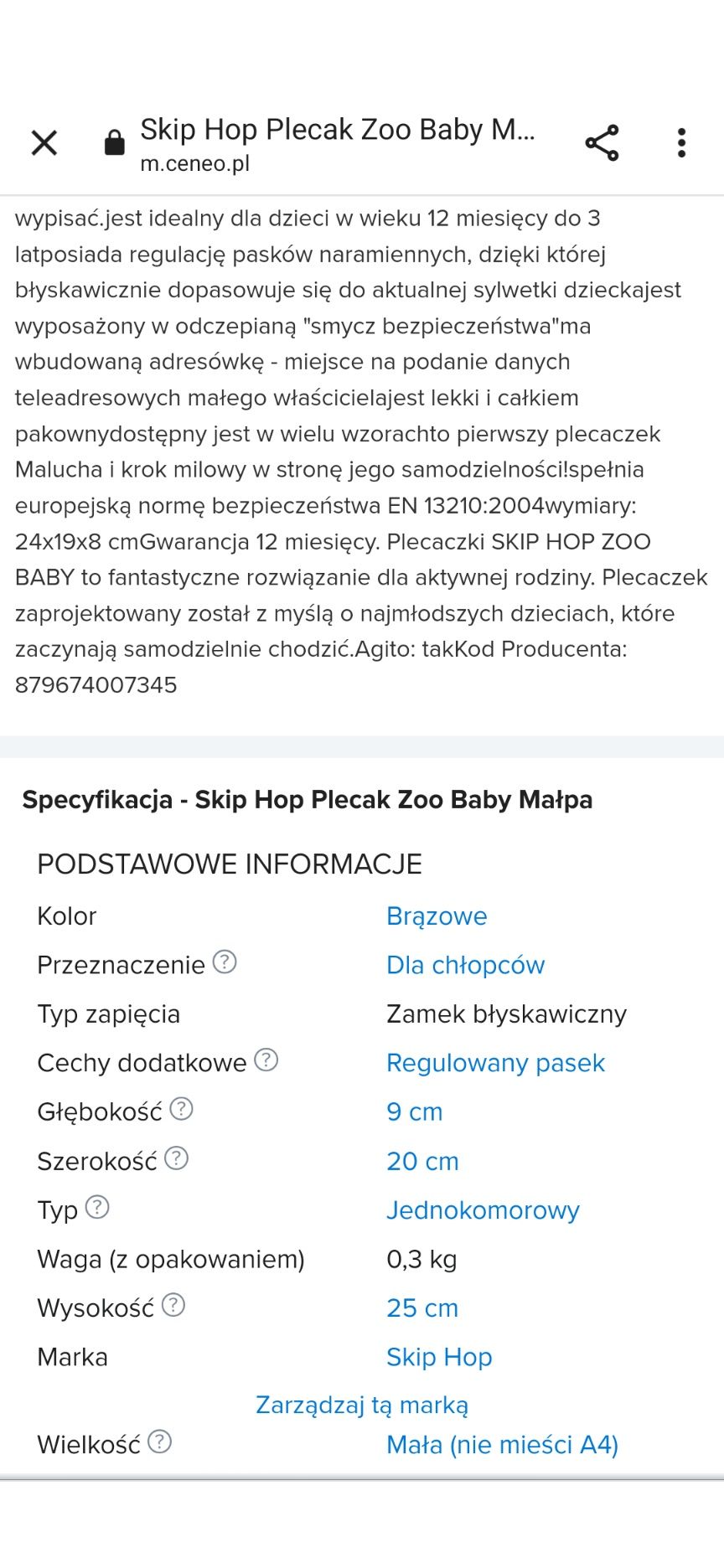 Plecak skip hop zoo baby małpka. Plecak dla przedszkolaka 
Stan bardzo