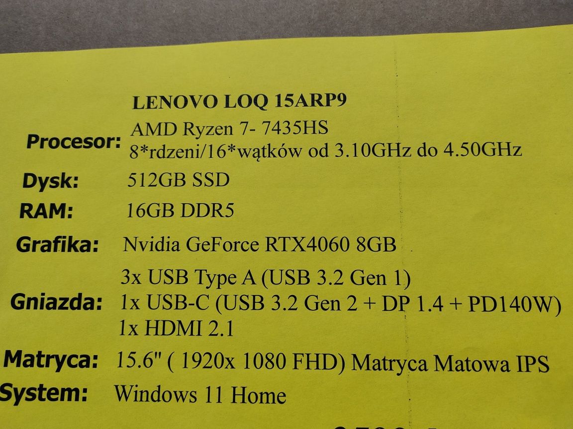 W2//Lenovo/ LOQ 15ARP9 Laptop/ Ryzen 7+GeForce GTX 4060/ Nowy GW