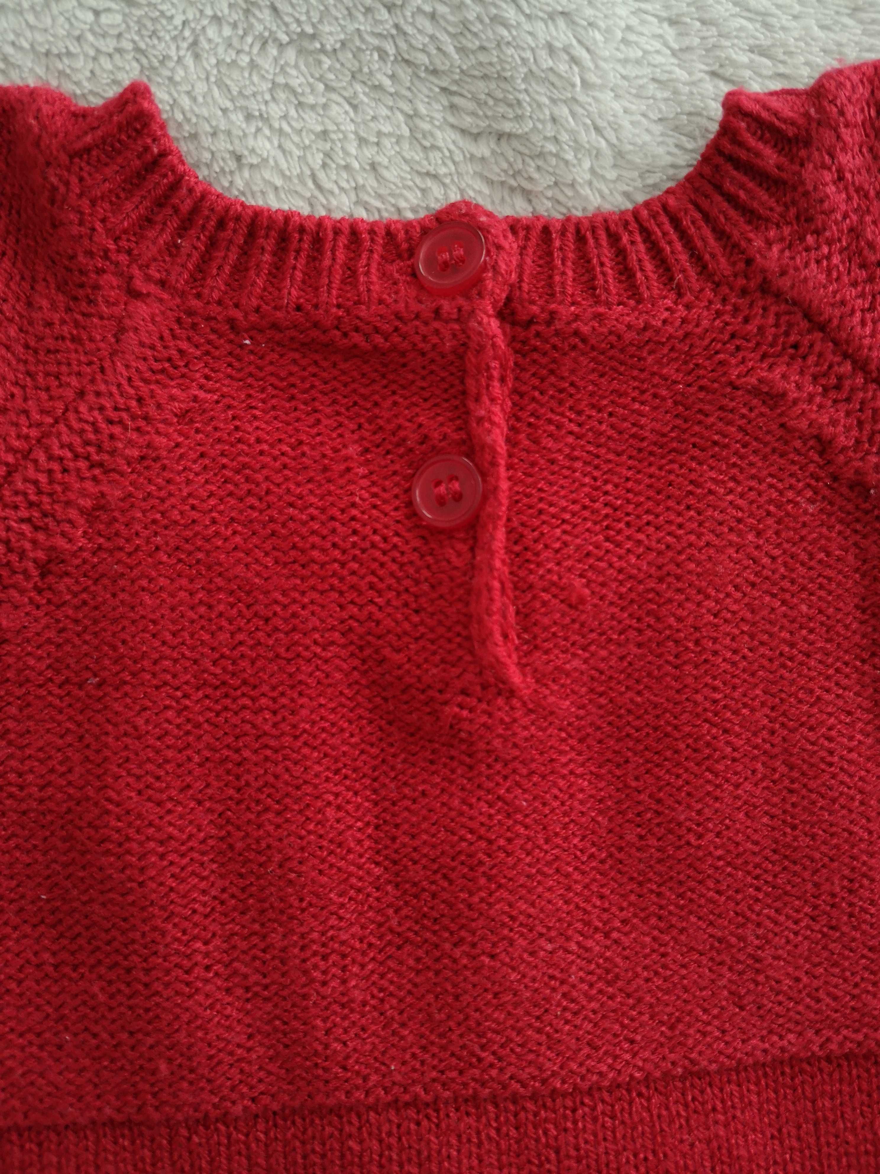 Czerwona sweterkowa elegancka sukienka kulki pompony 68 - 74 jak nowa
