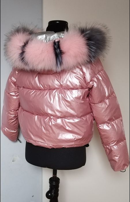 Kurtka dwustronna lakierowanea młodzieżowa srebrna różowa z kapturem