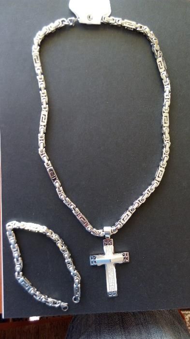 Srebrny łańcuszek z krzyżykiem plus bransoletka,splot króleski 316l