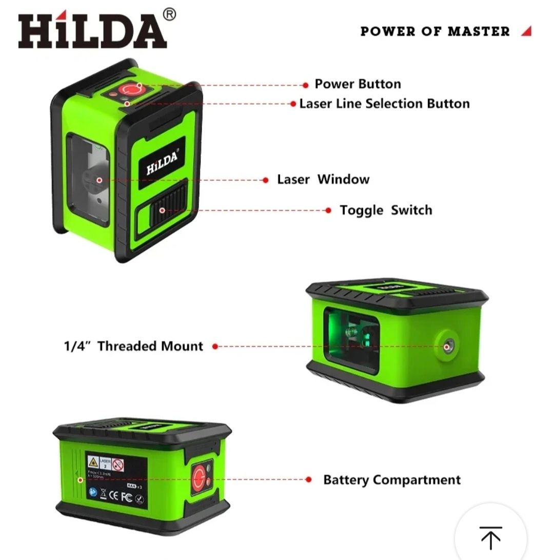 Лазерный уровень Hilda LS207 нивелир зеленый луч прорезиненный корпус