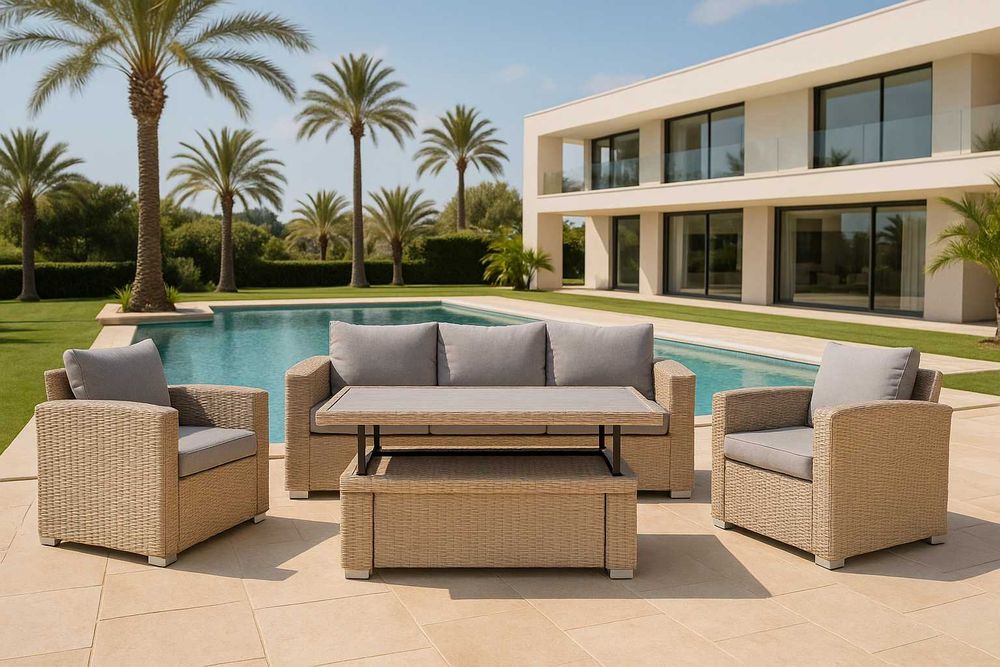 Zestaw Mebli Ogrodowych z Regulowanym Stołem Technorattan Beż Słomka