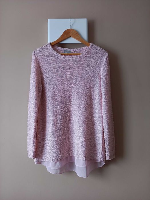 Różowy połyskujący sweter z koszulową wstawką i cekinami 40 L 42 XL