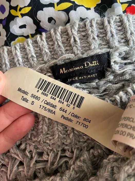 S m massimo dutti sweter pleciony splot warkocz szary srebrny dzianina