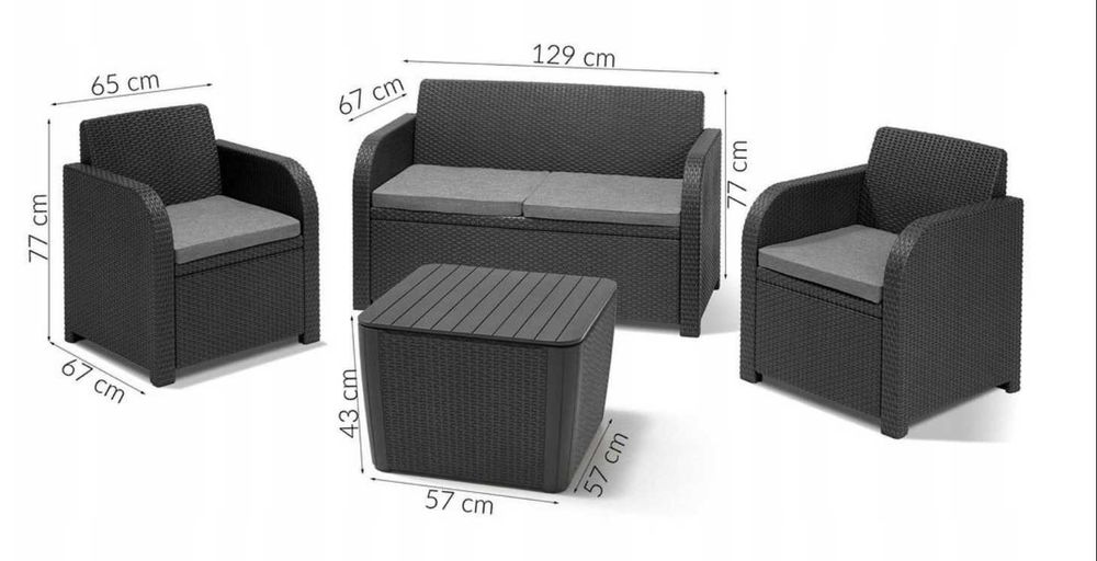 Komplet mebli ogrodowych 2 fotele + sofa + stolik ze schowkiem