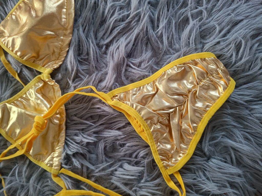 Złoty kostium kąpielowy bikini latex eko skóra XS s m