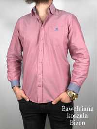 Różowa bawełniana elegancka koszula męska Bizon gładka dlugi rękaw