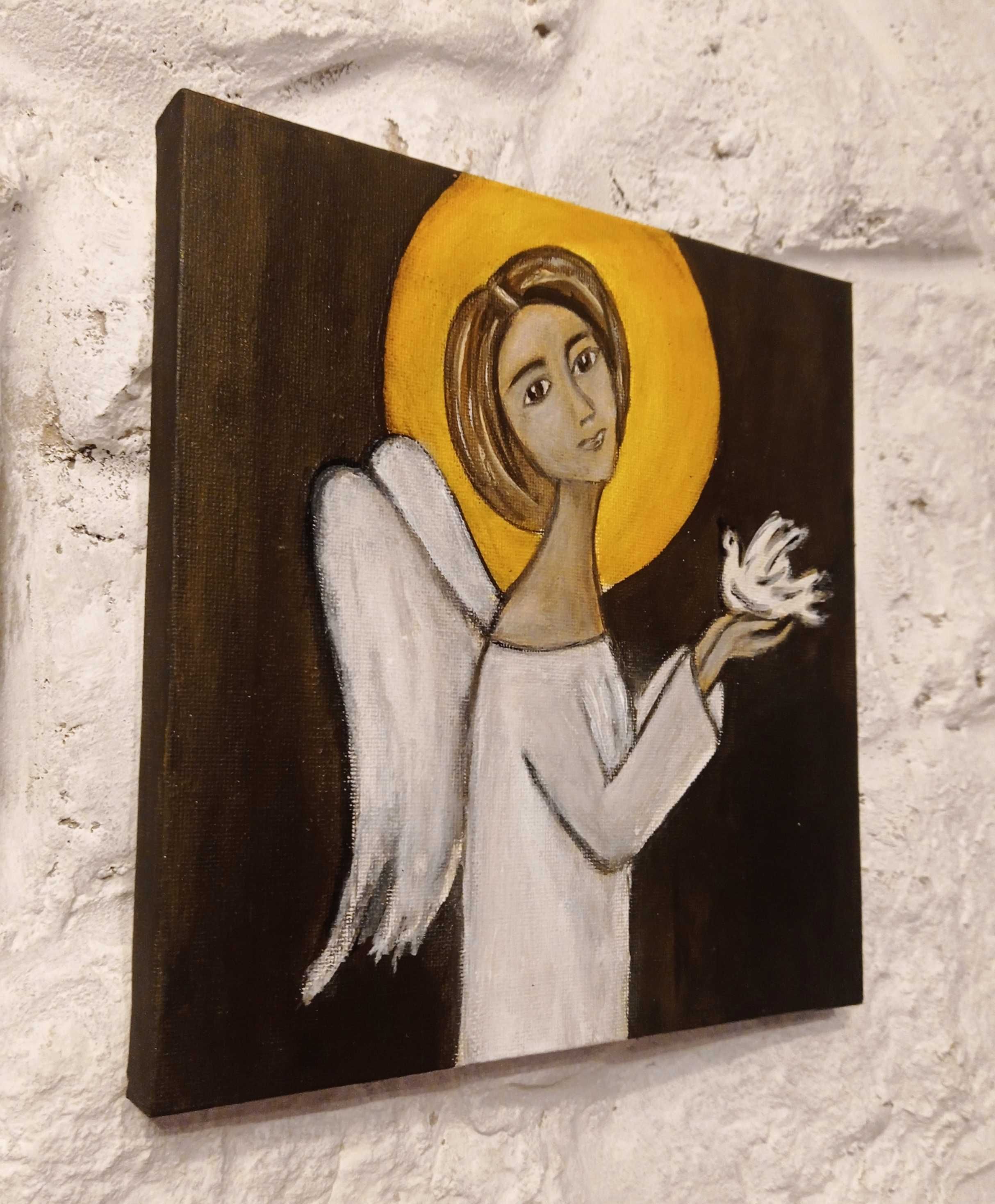 Anioł pokoju rękodzieło obraz do kolekcji namalowany na płótnie 20x20