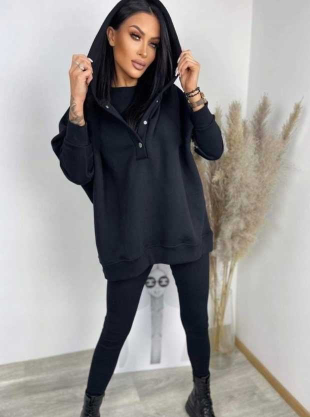 Komplet 3 częściowy dresowy damski czarny legginsy + bluza + top UNI