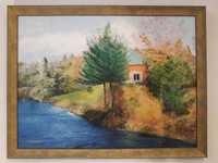 Obraz olejny płótno na płycie pejzaż A. Grossman rzeka dom drzewa