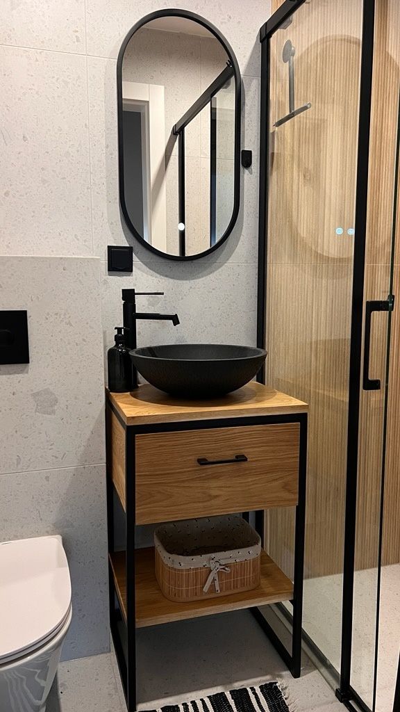 Dębowa szafka loft pod umywalkę nablatową, z szufladą, lite drewno