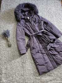 Довге пальто пуховик з капюшоном фіолетовий лавандовий
