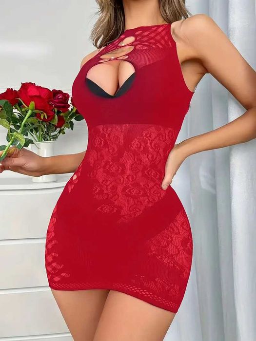 ⊛ Entrega Gratis 24H ~ Vestido e luvas de rede arrastão vermelho