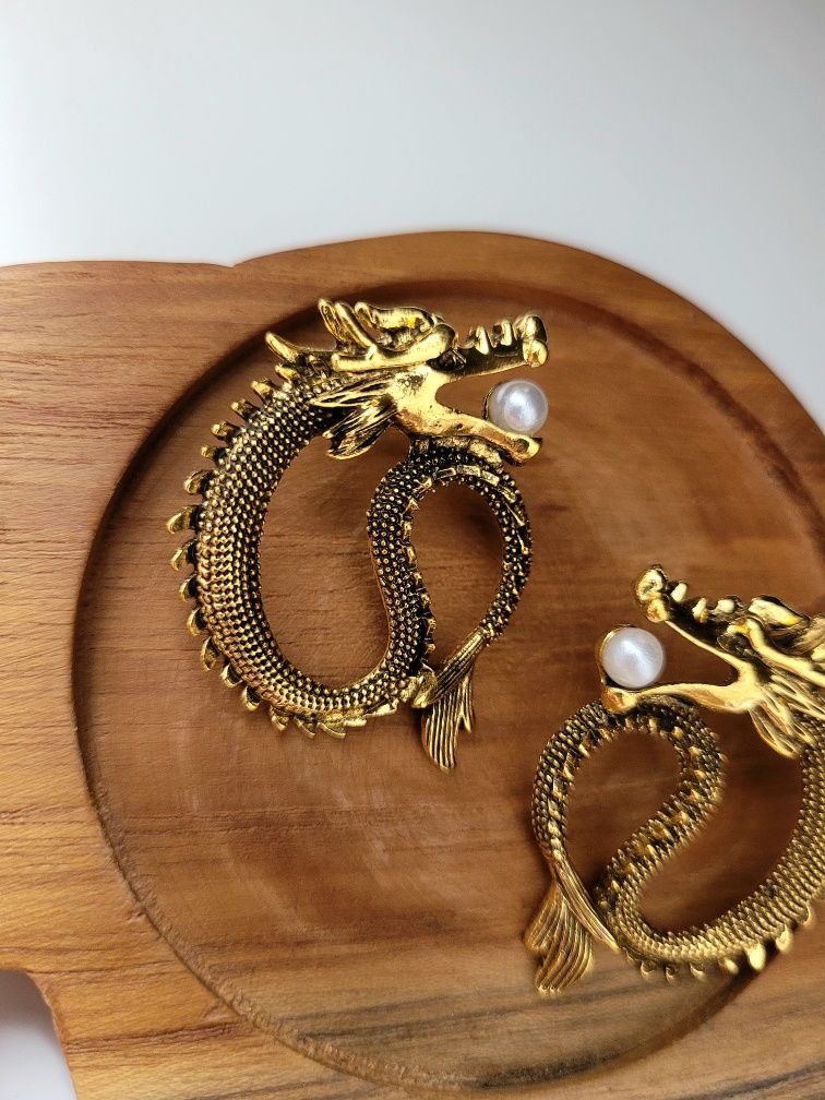 Duże złote kolczyki smok Japonia Korea japan korean dragon earrings
