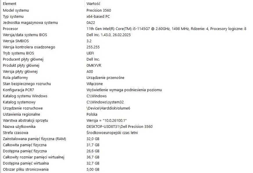 Laptop Dell Precision 3560, 32 GB Ram, 512 GB SSD + torba + stacja