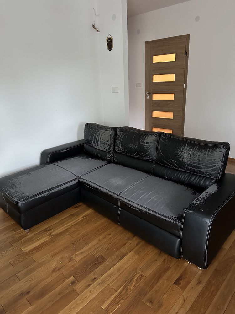Narożnik z eko skóry lewostronny czarny 246 cm funkcja spania