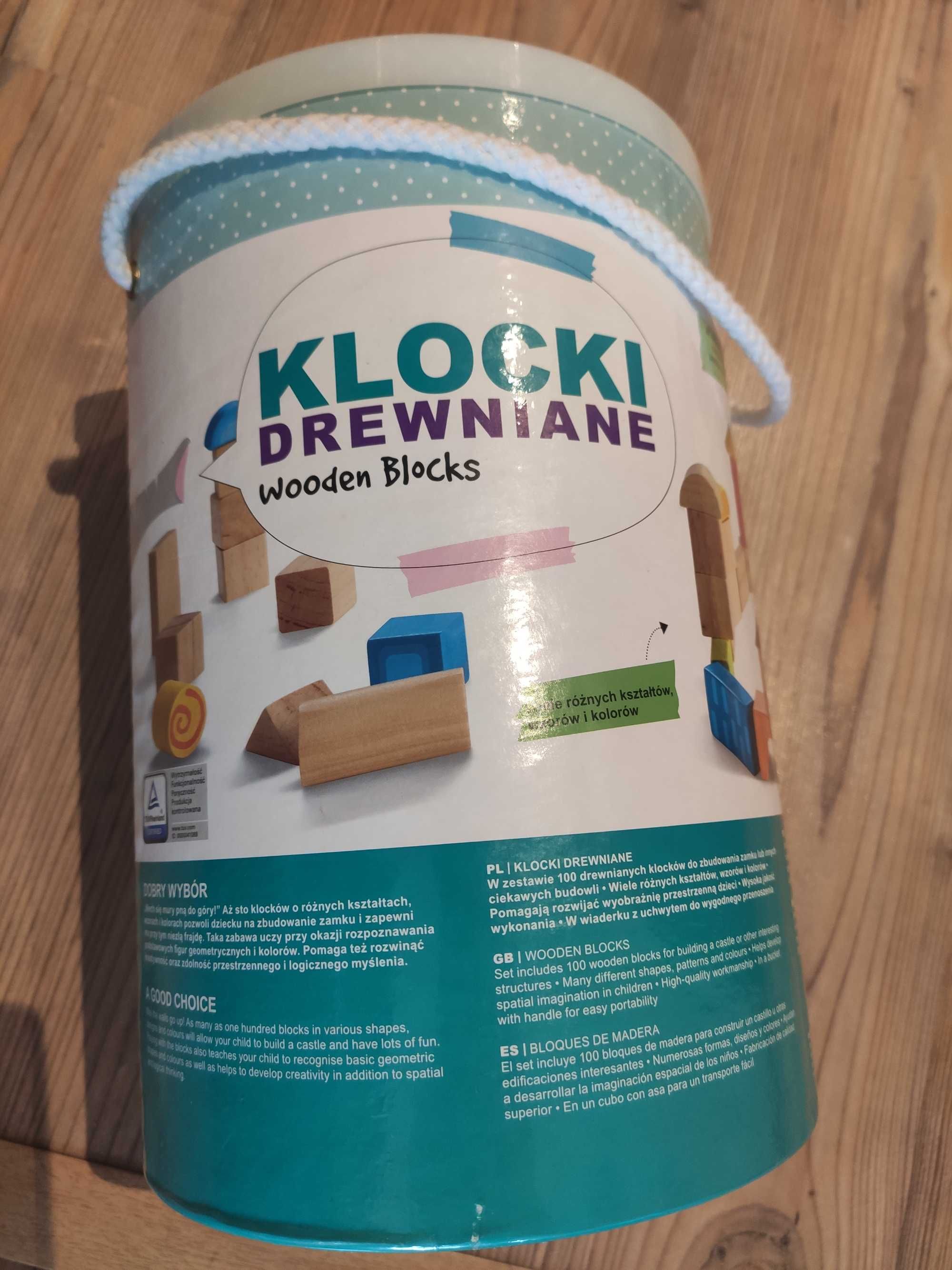 Klocki drewniane wooden blocks 100 sztuk i sorter wiaderko