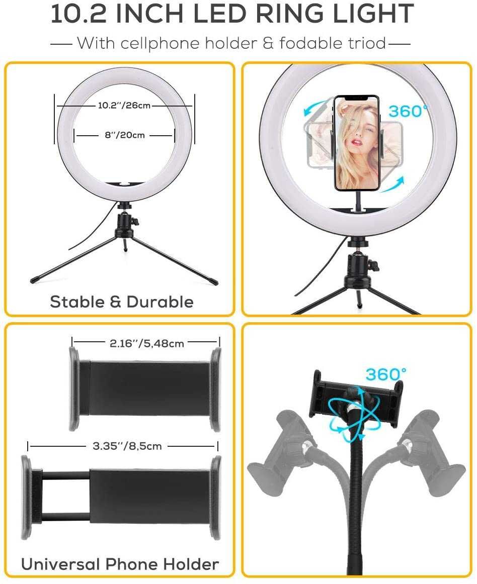 Ring Light 10,2", 26 cm, 3 cores, 10 níveis de brilho