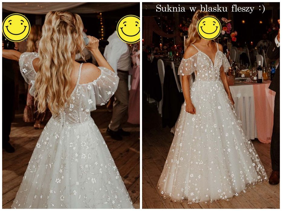 Suknia ślubna z rękawkami - brokat, perełki, kwiaty - księżniczka