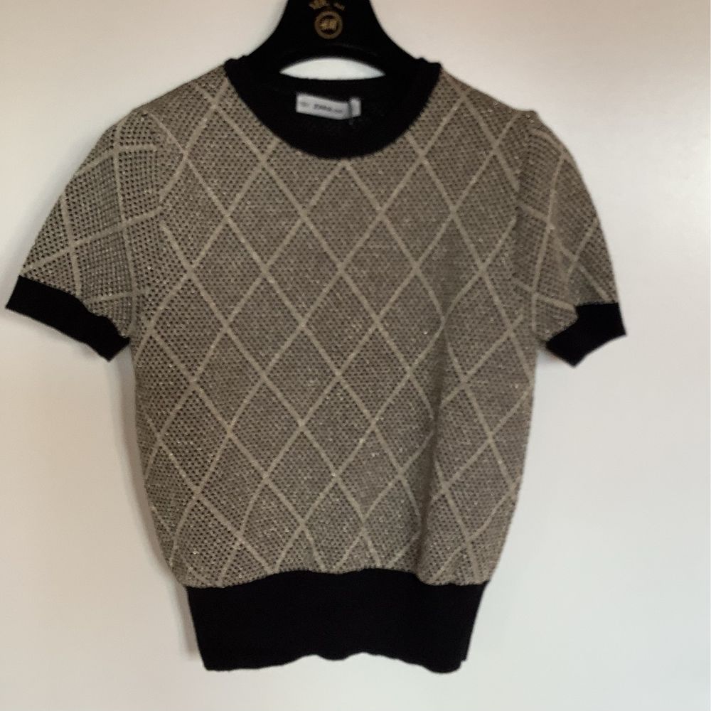 Sweter Zara, dzianina zloto-czarny, kr. rękaw, S