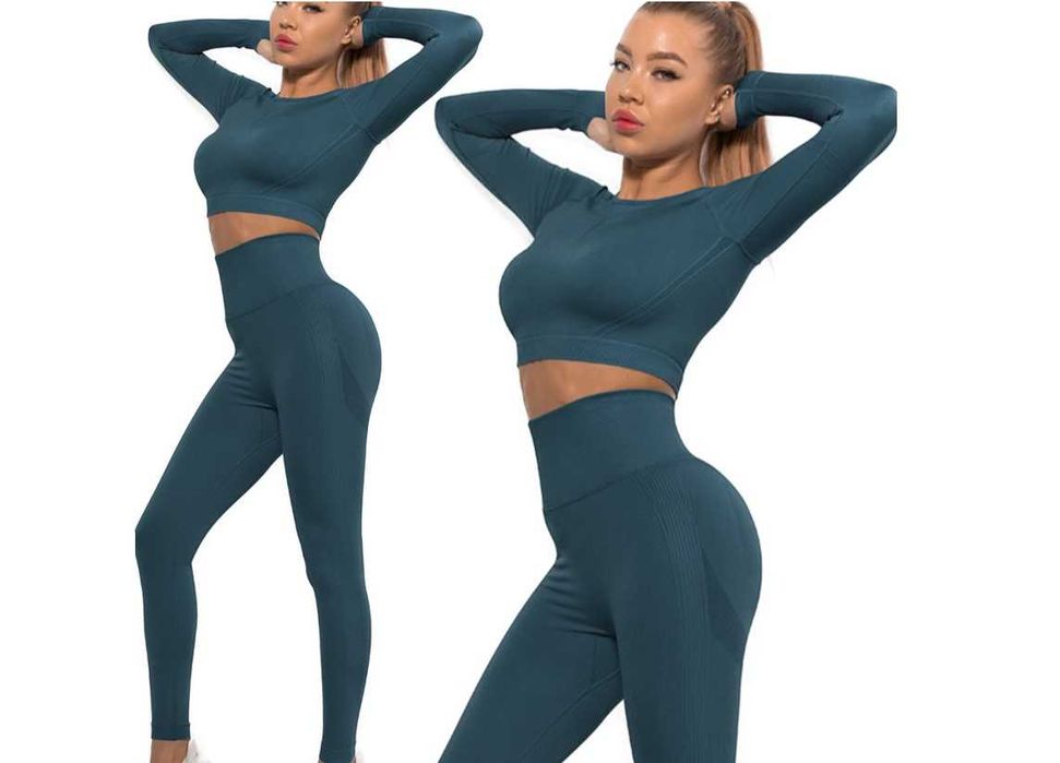Komplet sportowy legginsy + crop top na długi rękaw ciemnozielony