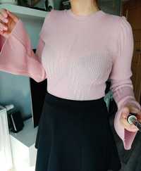 Różowa bluzka rozciągliwa rozkloszowane rękawy S crop top