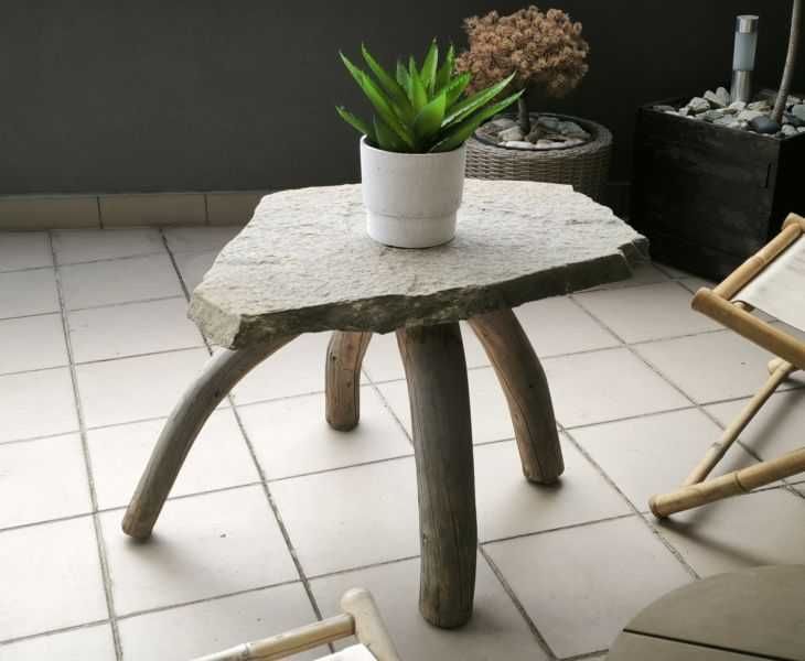 Solidny stolik kawowy na taras , do ogrodu drewno + kamień naturalny