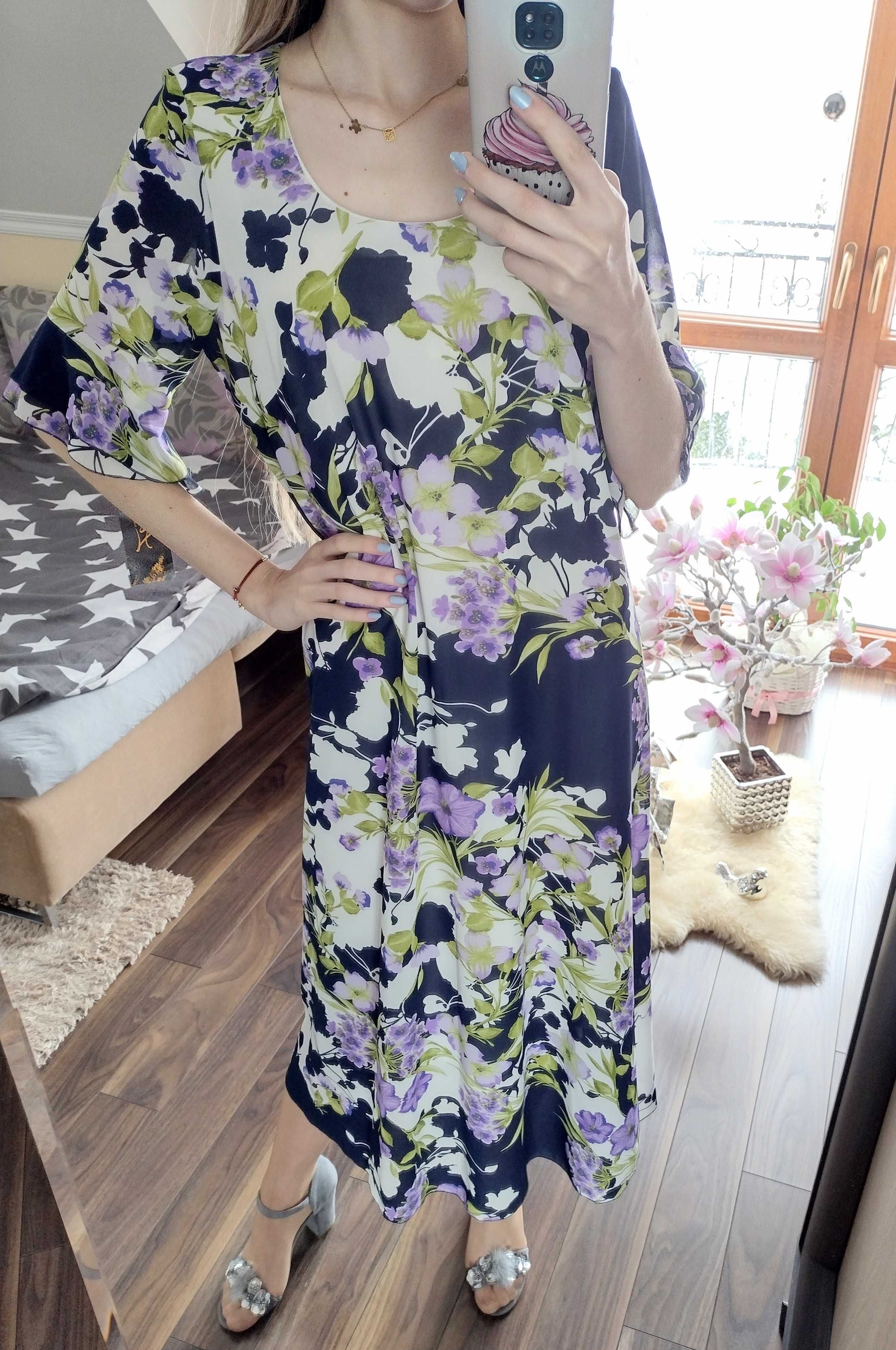 Zjawiskowa sukienka midi granatowo-liliowa w kwiaty