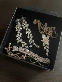 Zestaw biżuteria ślubna rose gold naszyjnik bransoletka kolczyki